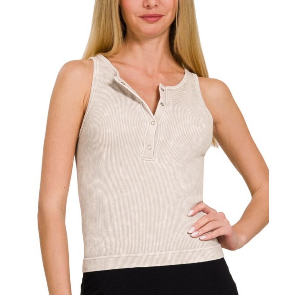 Bone washed ribbed button-up tank top